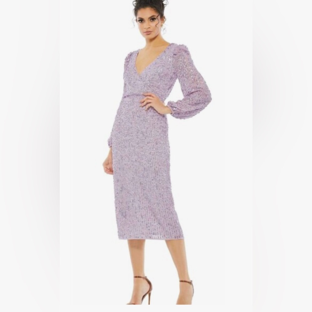 *SPRING SALE* NWT MAC DUGGAL SZ 10 Lavender Puff Sleeve V Neck MIDI #107641